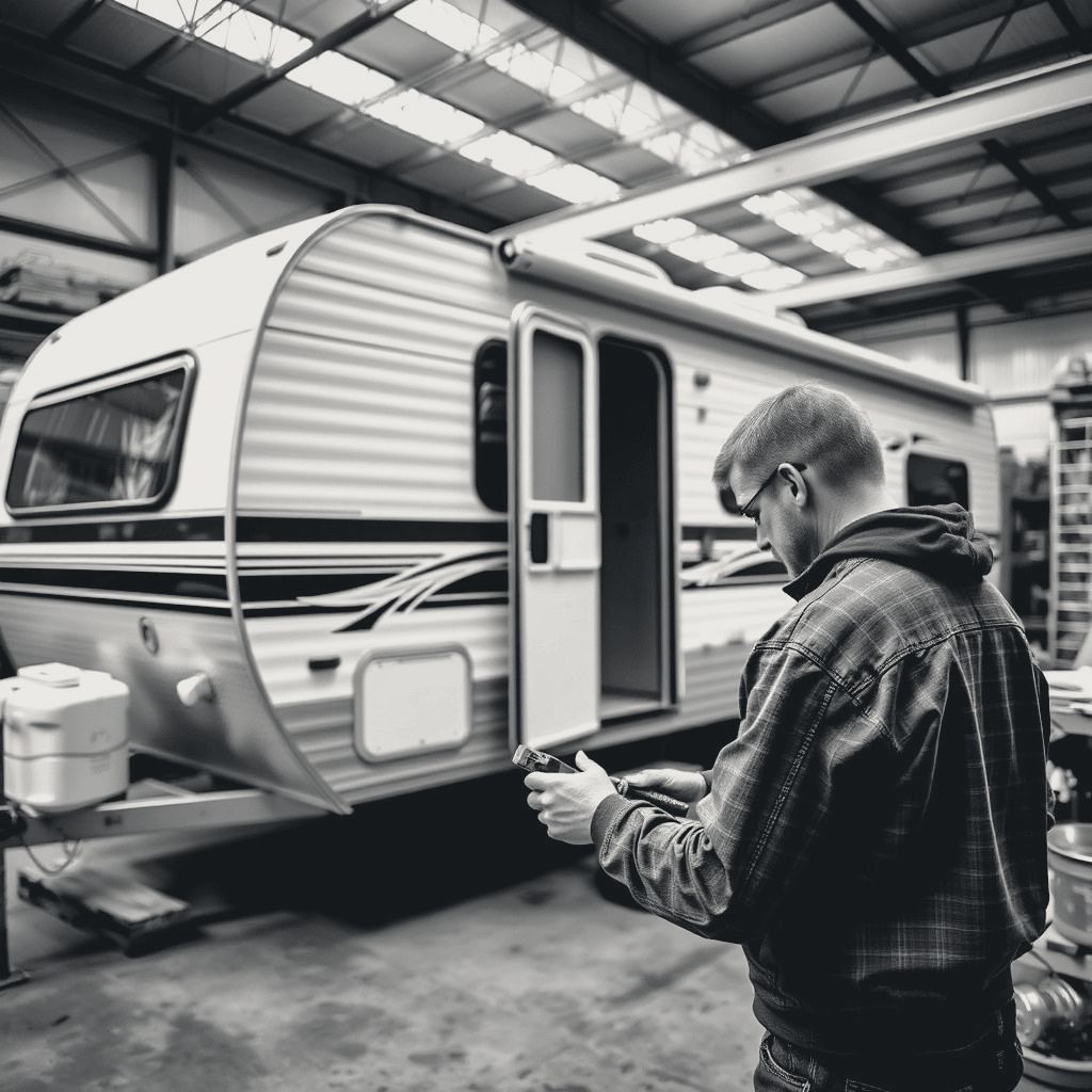 A ReVolution Trailers technician working beside a trailer in the fully equipped shop.